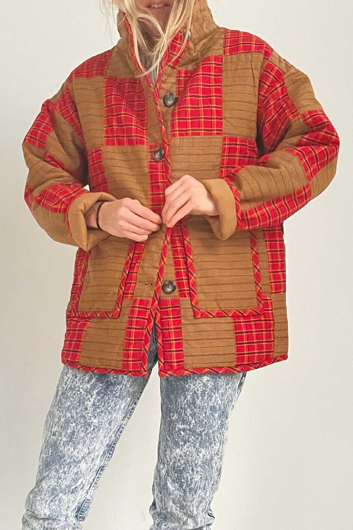 Uma Patched Coat in Umber/Scarlet by Rujuta Sheth